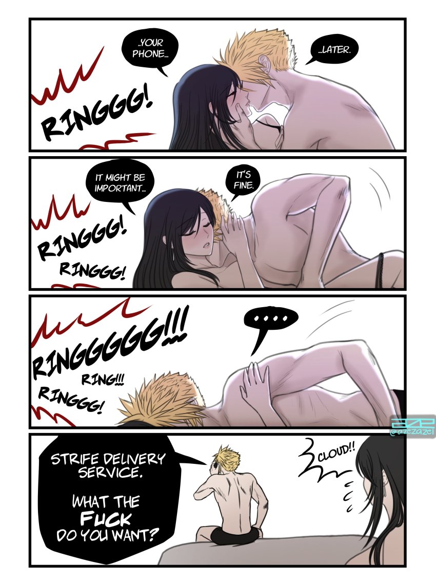 1boy 1girl absurdres azezazel black_hair blonde_hair blush breasts closed_eyes cloud_strife collarbone couple english_text final_fantasy final_fantasy_vii final_fantasy_vii_advent_children hand_on_another&#039;s_face hetero highres kiss large_breasts long_hair speech_bubble spiked_hair square_enix text_focus tifa_lockhart topless_male white_background