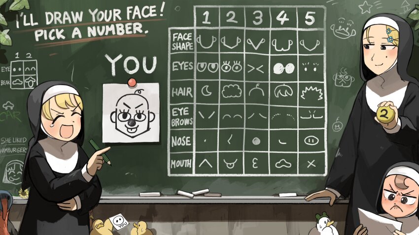 3girls :d bird blonde_hair blue_eyes blush brown_eyes brown_hair chalk chalkboard chicken clumsy_nun_(diva) commentary diva_(hyxpk) duck duckling english_commentary flower frog_headband froggy_nun_(diva) habit hair_flower hair_ornament hairpin highres holding holding_pencil laughing little_nuns_(diva) mole mole_on_cheek multiple_girls nun open_mouth pencil slice_of_life smile strict_nun_(diva) traditional_nun turkey_(bird)