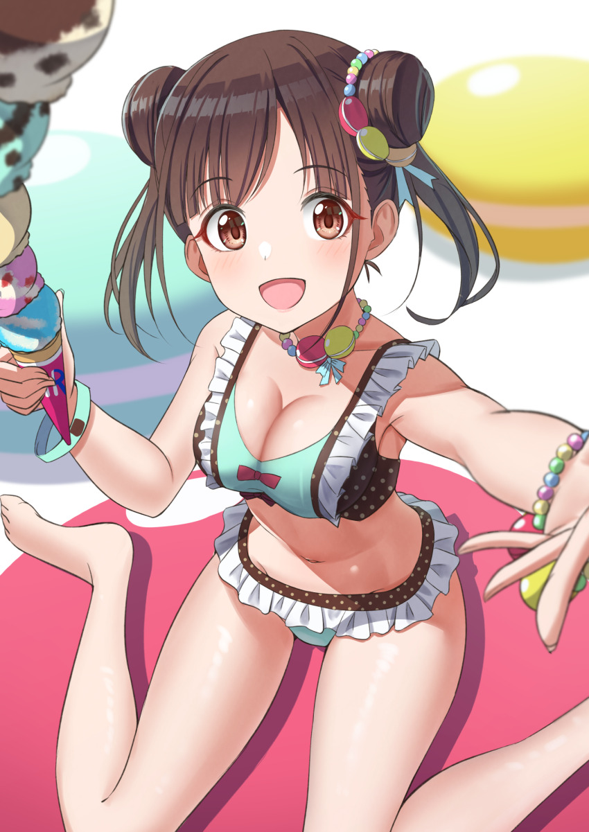 1girl armpits bare_shoulders barefoot bead_bracelet bead_necklace beads bikini blue_ribbon blurry blush bow bracelet breasts brown_hair cleavage collarbone depth_of_field dot_nose double_bun food food-themed_hair_ornament frilled_bikini frills from_above hair_beads hair_bow hair_bun hair_ornament hair_ribbon highres holding holding_food holding_ice_cream ice_cream idolmaster idolmaster_shiny_colors jewelry large_breasts looking_at_viewer macaron macaron_hair_ornament multicolored_bikini navel necklace offering_hand open_mouth osoba_susurukun polka_dot polka_dot_bikini reaching reaching_towards_viewer red_eyes ribbon sitting sitting_on_food solo sonoda_chiyoko swimsuit twintails two-tone_bikini wariza white_background
