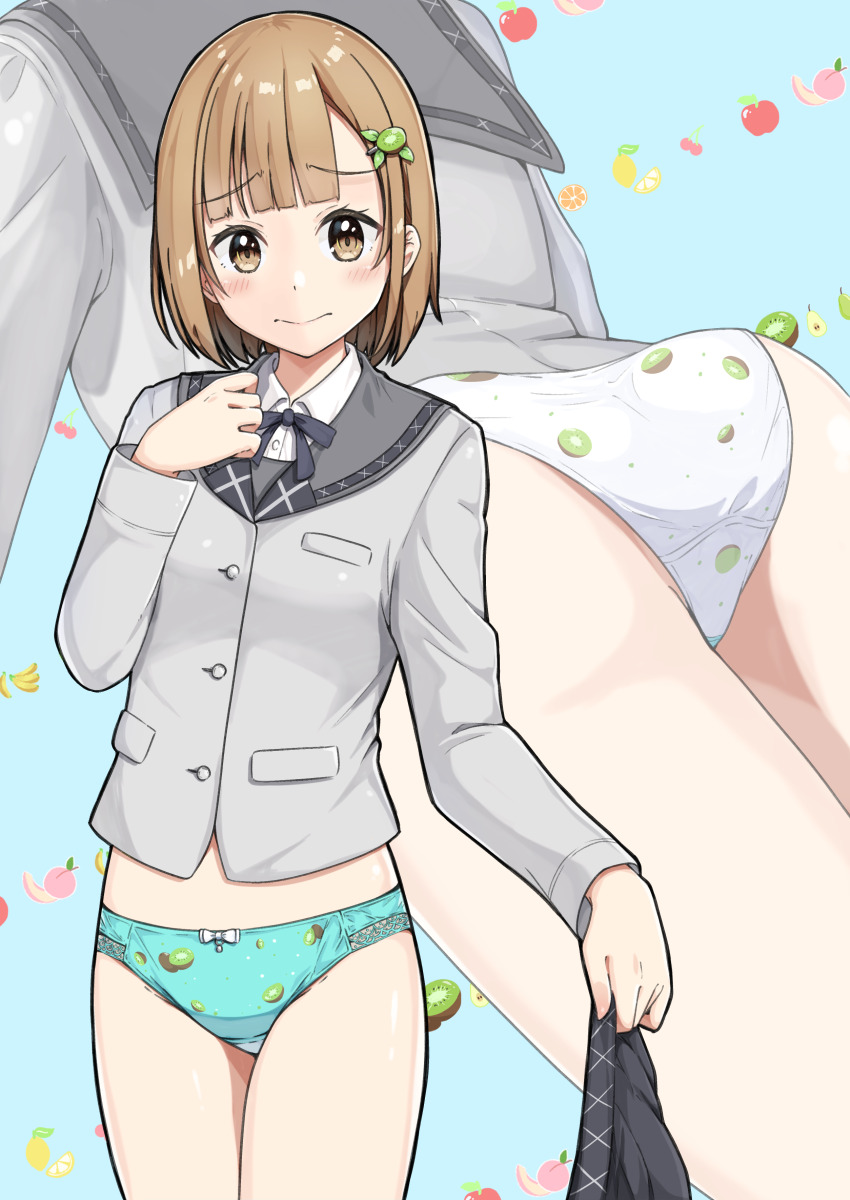 1girl absurdres aqua_panties ass blue_background blunt_ends blush bow bow_panties breasts brown_eyes brown_hair buttons closed_mouth collared_shirt commentary_request commission cowboy_shot crotch_seam dress_shirt embarrassed food-themed_hair_ornament food_print fruit_background fruit_print grey_jacket grey_ribbon grey_sailor_collar grey_skirt hair_ornament hand_up highres holding holding_unworn_clothes holding_unworn_skirt jacket lace lace-trimmed_panties lace_trim large_variant_set lime_hair_ornament lime_print long_sleeves looking_at_viewer medium_hair multiple_views neck_ribbon negimiso1989 no_pants original panties pixiv_commission pleated_skirt raised_inner_eyebrows ribbon sailor_collar school_uniform serafuku shirt skirt small_breasts standing two-tone_panties underwear unworn_skirt variant_set white_bow white_panties white_shirt zoom_layer