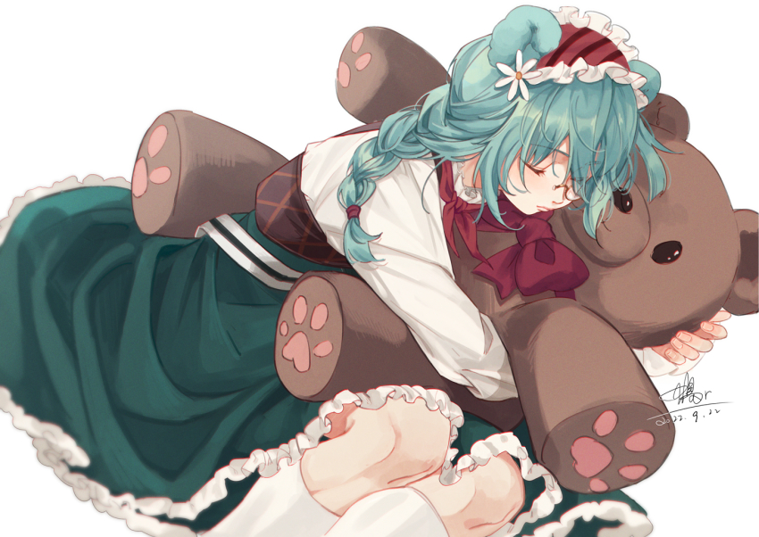 1girl animal_ears aqua_hair arknights bear_ears bear_girl braid dated dress frilled_hairband frills green_dress hairband hugging_object istina_(arknights) istina_(bibliosmia)_(arknights) long_sleeves lying monocle neckerchief official_alternate_costume on_side red_hairband red_neckerchief semi-rimless_eyewear signature simple_background socks solo striped_clothes striped_hairband stuffed_animal stuffed_toy teddy_bear under-rim_eyewear white_background white_socks ya_kexi