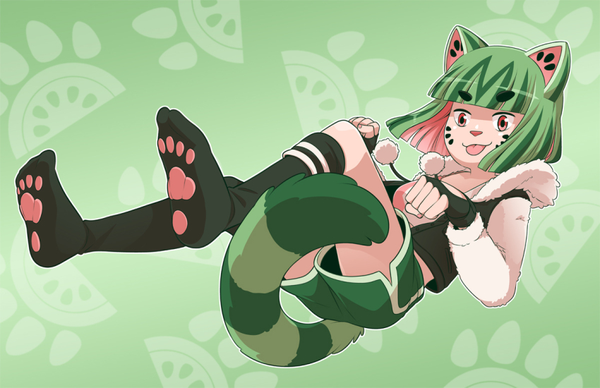1girl :3 :p animal_ears asymmetrical_legwear blunt_bangs blunt_ends bob_cut breasts cat_ears cat_girl cat_nose cat_tail coat colored_inner_hair dolphin_shorts feet fingerless_gloves foreshortening full_body fur-trimmed_coat fur-trimmed_sleeves fur_trim gloves green_background green_coat green_hair green_shorts green_socks green_tail indie_virtual_youtuber leg_up legs_up looking_to_the_side mary_cagle medium_breasts midriff multicolored_hair nail_polish original patterned_background paw_pose paw_print_soles pink_hair pink_nails pink_sports_bra red_eyes short_hair shorts smile socks solo sports_bra tail tongue tongue_out two-tone_hair uneven_legwear virtual_youtuber