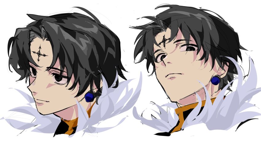 1boy black_eyes black_hair chrollo_lucilfer closed_mouth cropped_shoulders curtained_hair earrings empty_eyes facial_mark forehead_mark frown highres hunter_x_hunter jewelry looking_ahead looking_at_viewer looking_down male_focus multiple_views piercing sanpaku sgossho sphere_earrings white_background white_fur
