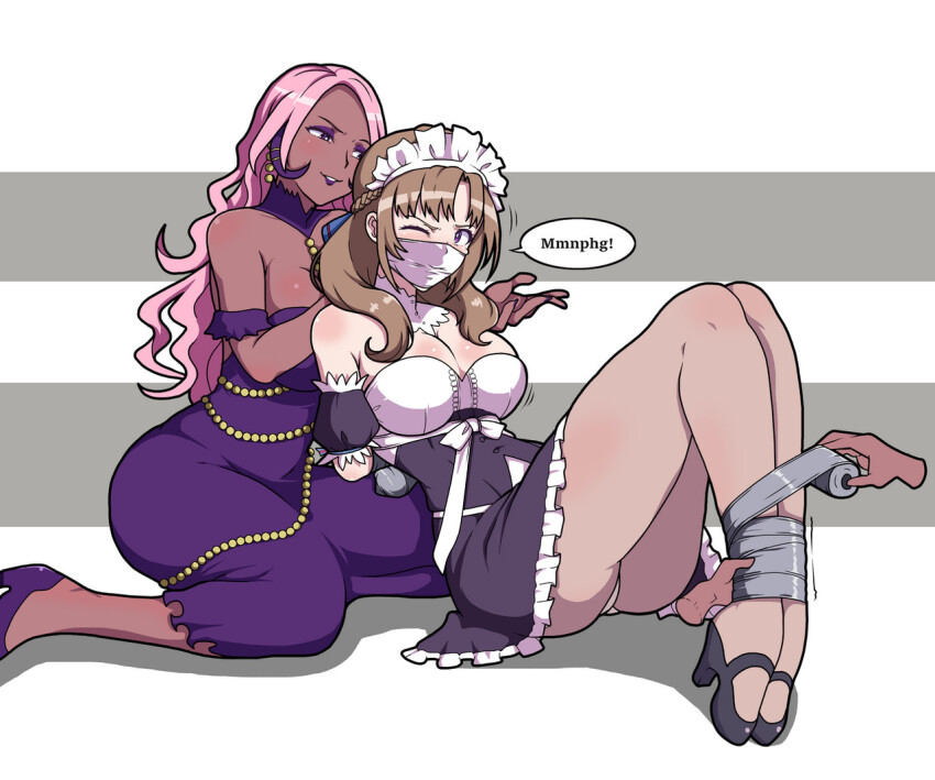 2girls bad_tag bdsm bondage bound breasts brown_hair cloth_gag dark-skinned_female dark_skin english_text gag gagged improvised_gag kidnapping maid muffled multiple_girls oosuki_mamako over_the_nose_gag pink_hair purple_eyes tape tape_bondage tiedtiki tsuujou_kougeki_ga_zentai_kougeki_de_ni-kai_kougeki_no_okaasan_wa_suki_desu_ka? white_background