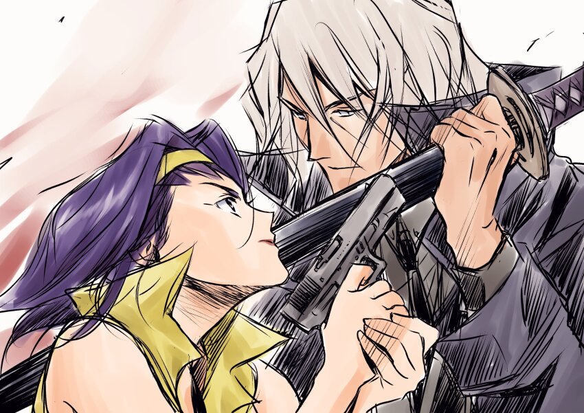 1boy 1girl cowboy_bebop faye_valentine gun hairband highres purple_hair sword vicious_(cowboy_bebop) weapon yellow_hairband