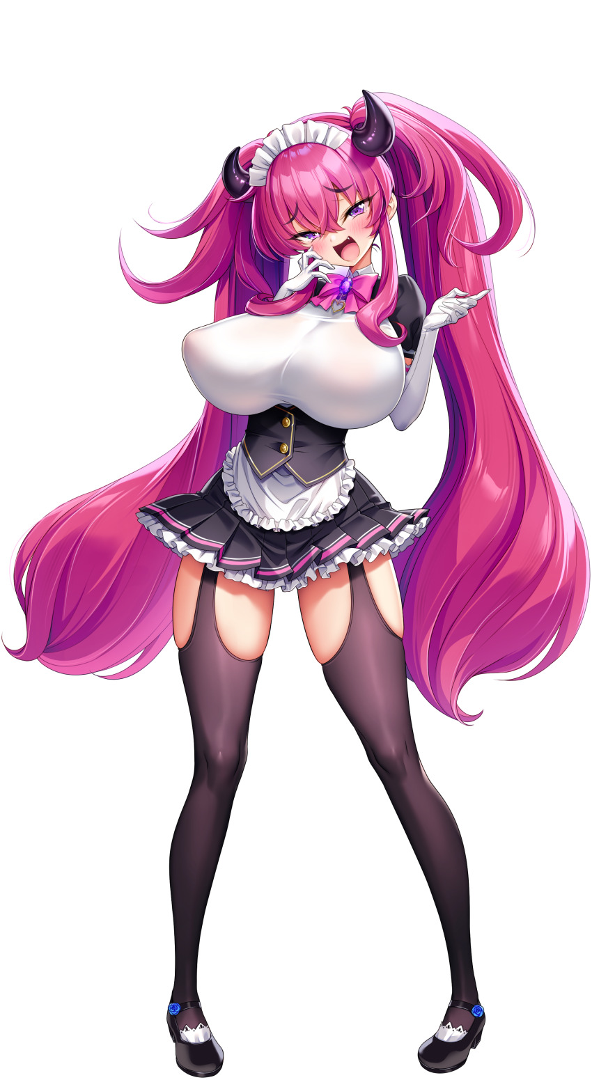 1girl absurdres akagi_rio apron black_horns black_shoes black_thighhighs blue_flower blue_rose blush bow bowtie breasts collar_jewel curved_horns dragon_girl dyzenia_dracour fang femme_de_menage_maid_academy_school_uniform flower footwear_flower full_body game_cg garter_straps gem gloves highres horns huge_breasts long_hair looking_at_viewer maid maid_apron maid_headdress mesugaki milk_factory motto!_haramase!_honoo_no_oppai_isekai_oppai_maid_gakuen! naughty_face non-web_source official_art open_mouth pink_bow pink_bowtie pink_hair purple_brooch purple_eyes purple_gemstone raised_inner_eyebrows rose school_uniform shoes skindentation smile smug standing tachi-e teasing thighhighs transparent_background twintails very_long_hair waist_apron white_gloves