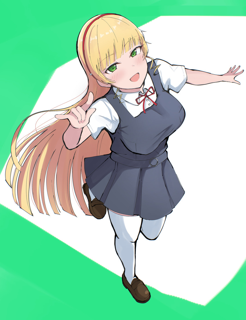 1girl \m/ absurdres blonde_hair blunt_bangs blush collared_shirt commentary_request dress dress_shirt green_eyes grey_dress hairband heanna_sumire highres long_hair looking_at_viewer love_live! love_live!_superstar!! neck_ribbon open_mouth pinafore_dress red_hairband red_ribbon ribbon school_uniform shirt sleeveless sleeveless_dress smile solo string_tie thighhighs wewe white_shirt white_thighhighs yuigaoka_school_uniform
