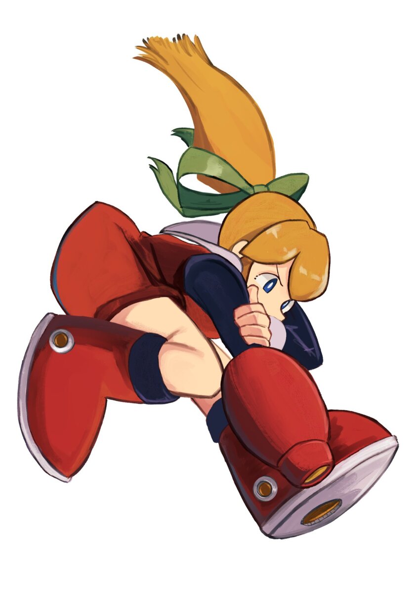 1girl arm_cannon blonde_hair blue_eyes dress full_body high_ponytail highres long_hair mega_man_(classic) mega_man_(series) midair ponytail red_dress roll_(mega_man) simple_background solo tikuwabu_33 weapon white_background