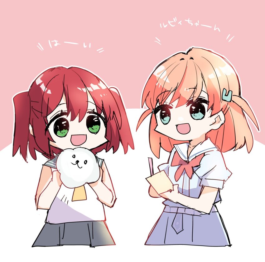 2girls :d ai_scream!_(love_live!) blue_dress blue_eyes collarbone commentary_request dress green_eyes grey_sailor_collar grey_skirt hair_ornament hasu_no_sora_school_uniform highres hinoshita_kaho holding in-franchise_crossover kanduki_kamibukuro kurosawa_ruby link!_like!_love_live! love_live! love_live!_sunshine!! medium_hair multiple_girls neckerchief open_mouth orange_hair outline pink_background pleated_dress pleated_skirt puffy_short_sleeves puffy_sleeves rabbit_hair_ornament red_neckerchief sailor_collar sailor_dress school_uniform serafuku shirt short_sleeves simple_background skirt sleeveless sleeveless_shirt smile summer_uniform two_side_up uranohoshi_school_uniform virtual_youtuber white_outline white_sailor_collar yellow_neckerchief