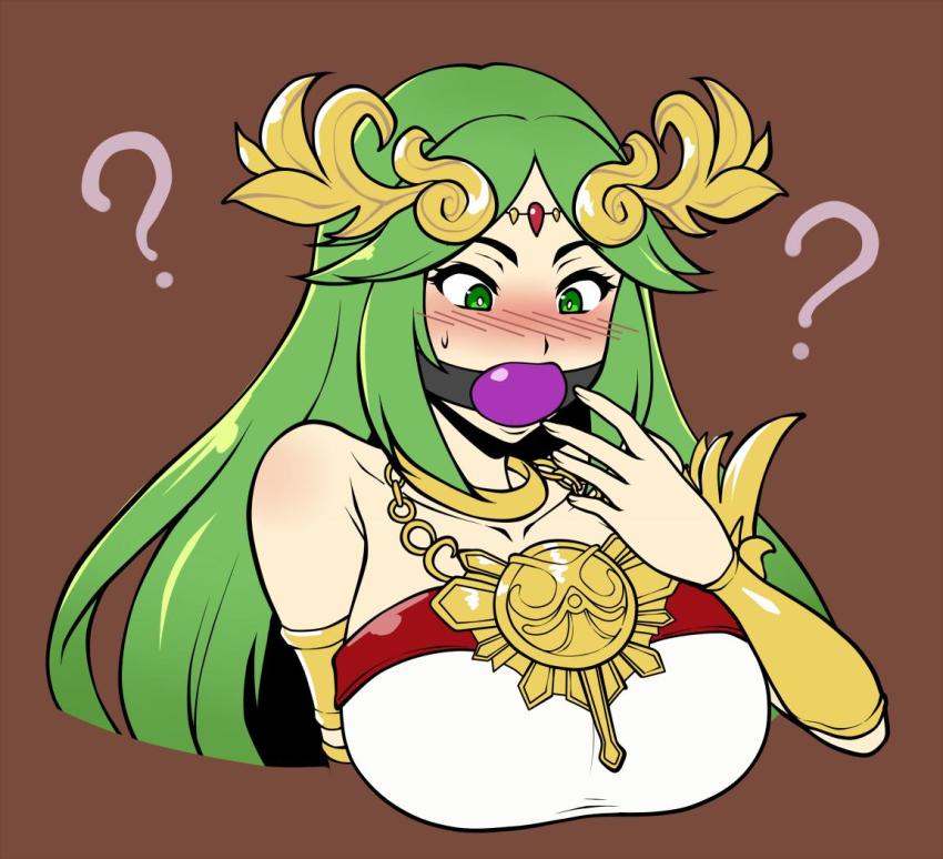 1girl ? ball_gag blush breasts female_focus gag gagged jam-orbital kid_icarus large_breasts nintendo palutena solo upper_body