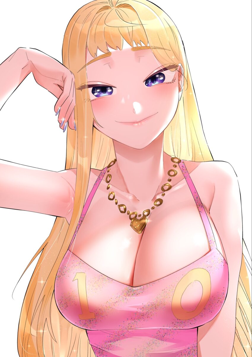 1girl bare_shoulders blonde_hair blue_eyes blush breasts cleavage collarbone dosanko_gal_wa_namaramenkoi fuyuki_minami highres ikada_kai jewelry large_breasts long_hair looking_at_viewer smile solo white_background