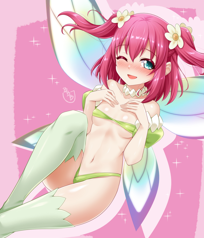 1girl aqua_eyes bikini blush breasts bunji choker embarrassed fairy fairy_wings flower genjitsu_no_yohane hair_flower hair_ornament hands_on_own_chest highres knee_up kurosawa_ruby looking_at_viewer love_live! love_live!_sunshine!! medium_hair micro_bikini navel one_eye_closed open_mouth pink_background red_hair ruby_(genjitsu_no_yohane) shiny_skin small_breasts smile solo sparkle_background swimsuit thighhighs twintails white_thighhighs wings
