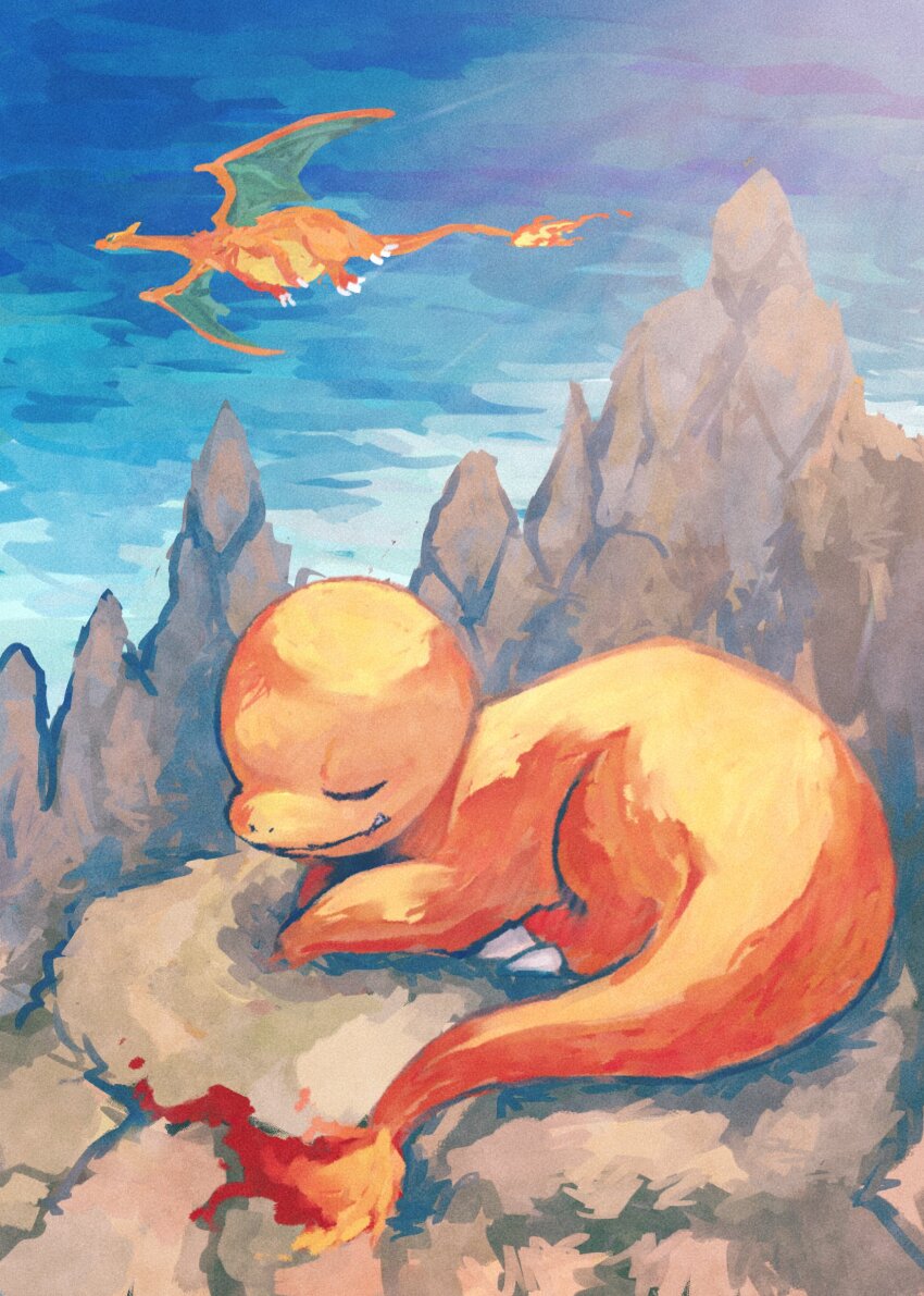 7_phi_3 absurdres animal_focus blue_sky charizard charmander closed_eyes colored_skin commentary_request dragon_wings evolutionary_line fang fang_out fiery_tail fire flying gen_1_pokemon highres mountain nintendo no_humans orange_skin pokemon pokemon_(creature) sky sunlight tail wings