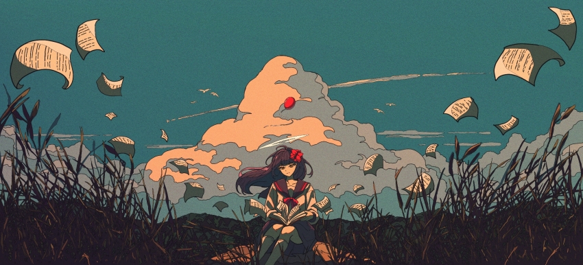 1girl artdroiiid_ii balloon bird black_hair black_sailor_collar blue_sky book bow bowtie closed_mouth cloud commentary day english_commentary field floating_hair flower flying_paper grey_skirt hair_flower hair_ornament highres kneehighs long_hair long_sleeves looking_at_object open_book original outdoors paper pleated_skirt red_bow red_bowtie red_flower sailor_collar scenery shirt sitting skirt sky smile socks solo split_mouth straight-on summer white_shirt white_socks wide_shot wind