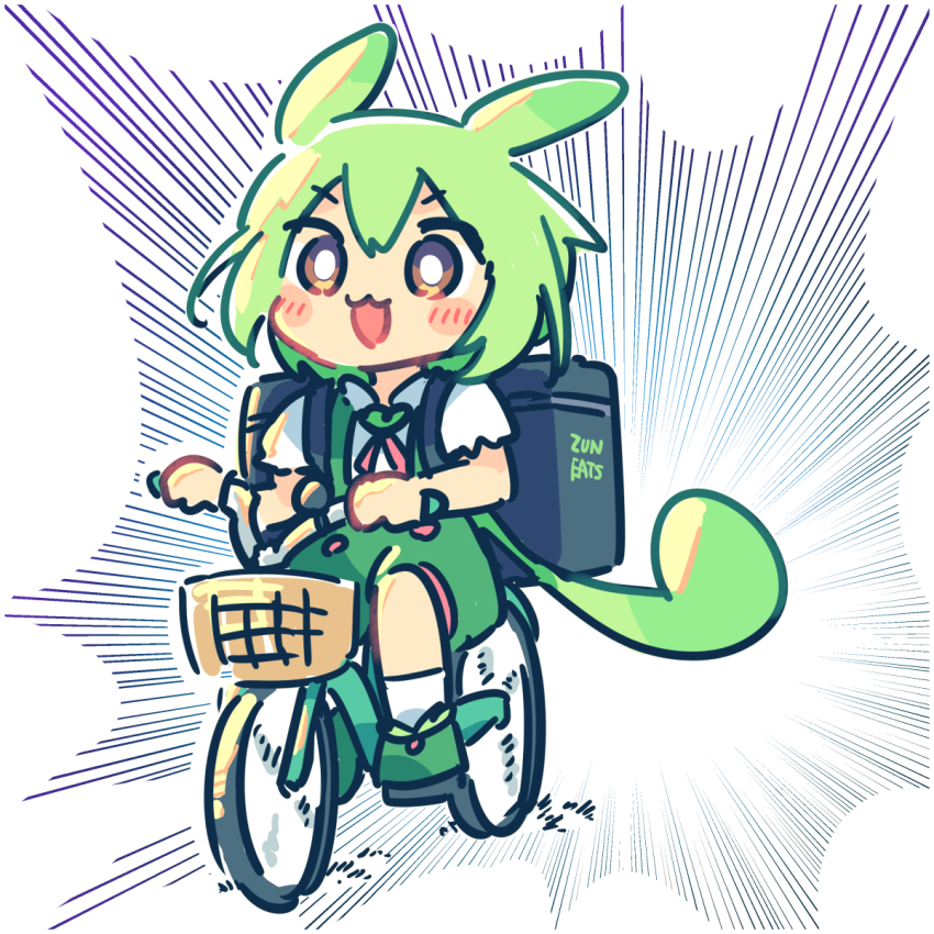 1girl :3 :d ayakashi_(monkeypanch) bicycle blush_stickers brand_name_imitation bright_pupils chibi green_hair highres insulated_delivery_bag long_hair open_mouth ponytail simple_background smile solo voicevox white_pupils yellow_eyes zundamon