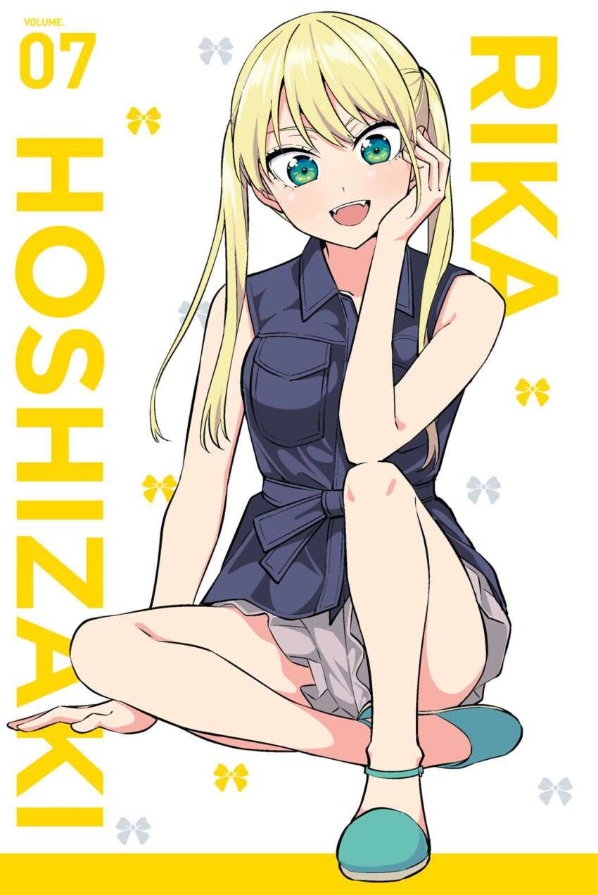 1girl arm_support black_shirt blonde_hair blush breasts collarbone fangs female_focus full_body green_eyes green_slippers grey_shorts hand_on_own_cheek hand_on_own_chin hand_on_own_face highres hiroyuki hoshizaki_rika_(kanojo_mo_kanojo) kanojo_mo_kanojo knee_up large_breasts long_hair looking_at_viewer official_art open_mouth shirt short_sleeves shorts sitting sleeveless sleeveless_shirt slippers solo solo_focus teeth thighs thighs_focus twintails upper_teeth_only
