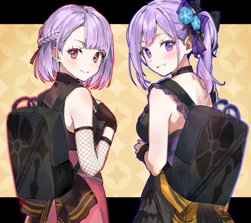 2girls backpack bag bare_shoulders black_gloves black_skirt blue_flower blush bow breasts closed_mouth copyright_request detached_sleeves fingerless_gloves fishnet_sleeves fishnets flower from_behind gloves hair_bow hair_flower hair_ornament hand_up highres long_sleeves medium_breasts multiple_girls outline pink_outline pink_skirt purple_bow purple_eyes purple_hair purple_outline red_eyes side_ponytail skirt smile tomozero virtual_youtuber