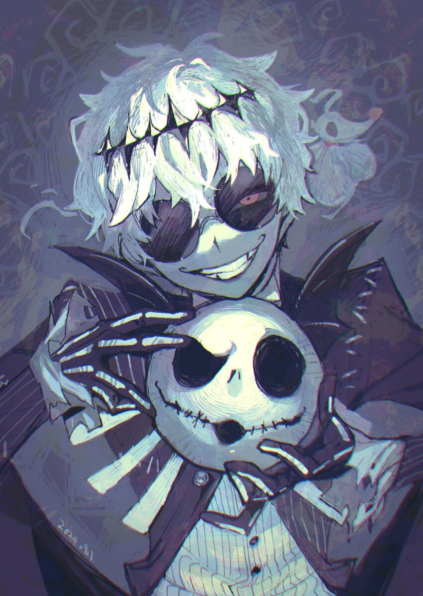 1boy black_gloves black_jacket gloves grin highres jack_skellington jacket kitaya looking_at_viewer male_focus red_eyes round_eyewear shirt short_hair skully_j._graves smile solo striped_clothes striped_shirt sunglasses the_nightmare_before_christmas tinted_eyewear twisted_wonderland upper_body white_hair zero_(nbc)