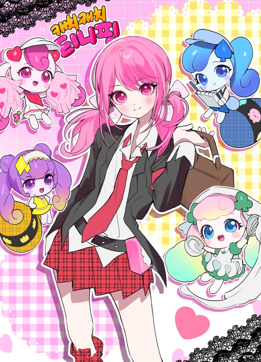 1girl absurdres amulet_clover amulet_clover_(cosplay) amulet_dia amulet_dia_(cosplay) amulet_heart amulet_heart_(cosplay) amulet_spade amulet_spade_(cosplay) blush catch!_teenieping cheerleader clover_hair_ornament club_(shape) club_hair_ornament cosplay diamond_hair_ornament fluffyping_(catch!_teenieping) guardian_chara hair_ornament heart heart_hair_ornament heartsping_(catch!_teenieping) highres hinamori_amu hinamori_amu_(cosplay) jellyping_(catch!_teenieping) jitae9787 korean_text leg_warmers long_hair long_sleeves looking_at_viewer magical_girl necktie open_mouth pink_hair plaid_clothes plaid_leg_warmers plaid_legwear pom_pom_(cheerleading) romi_(catch!_teenieping) school_uniform seiyo_academy_school_uniform shashaping_(catch!_teenieping) shirt shugo_chara! skirt smile spade_(shape) spade_hair_ornament twintails visor_cap