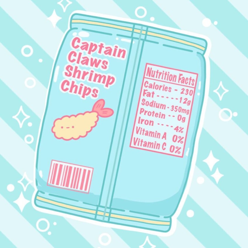 barcode blue_background blue_theme bubble commentary english_commentary english_text faith_varvara food food_wrapper from_behind no_humans nutrition_facts object_focus original outline shrimp shrimp_tempura simple_background snack sparkle striped_background tempura white_outline