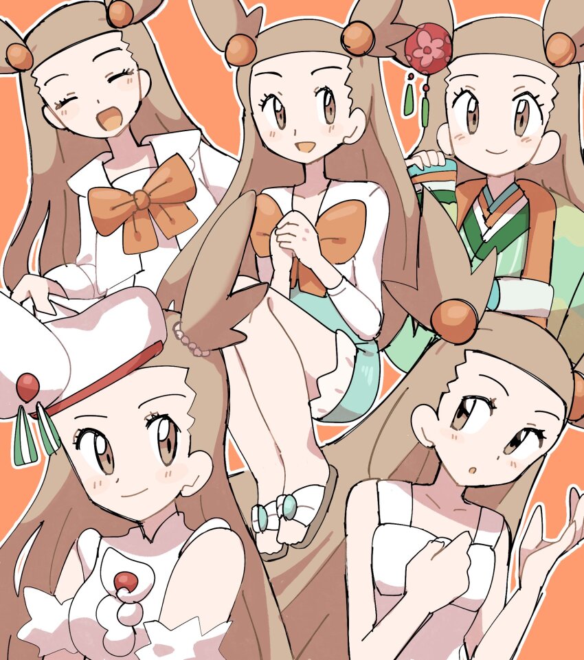 1girl :d :o bow brown_eyes brown_hair closed_eyes closed_mouth dress green_kimono hair_ornament han0579 hat highres japanese_clothes jasmine_(holiday_2022)_(pokemon) jasmine_(pokemon) jasmine_(special_costume)_(pokemon) kimono long_hair multiple_views nintendo official_alternate_costume open_mouth outline pokemon pokemon_gsc pokemon_hgss pokemon_masters_ex red_bow smile white_dress white_hat white_outline