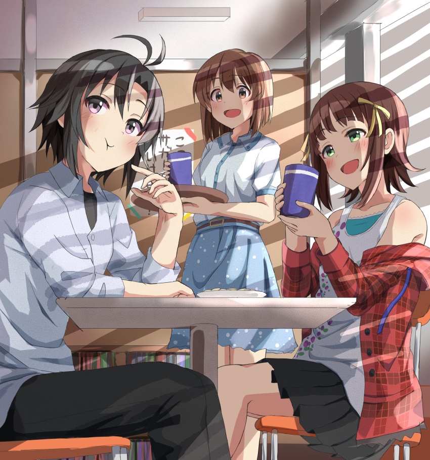3girls amami_haruka antenna_hair arms_on_table black_hair black_pants black_skirt blue_skirt blush brown_eyes brown_hair chair closed_mouth collared_shirt cup day green_eyes hagiwara_yukiho hair_ribbon haruki_(haruki678) highres holding holding_cup holding_tray idolmaster idolmaster_(classic) indoors jacket kikuchi_makoto long_sleeves multiple_girls on_chair open_clothes open_jacket open_mouth pants plate purple_eyes red_jacket ribbon shirt short_hair short_sleeves sitting skirt smile standing table tank_top tray white_shirt white_tank_top window_shadow yellow_ribbon