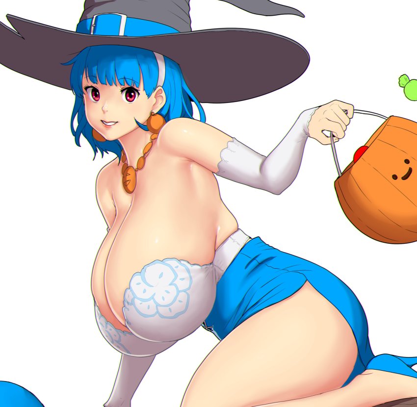 1girl absurdres bare_shoulders belt blue_belt blue_footwear blue_hair blue_skirt breasts cleavage earrings erkaz hairband halloween_costume hat hat_belt high_heels highres huge_breasts jewelry leg_up looking_at_viewer medium_hair necklace original red_eyes rina_atherina simple_background skirt smile solo thighs unfinished white_background white_hairband white_sleeves witch_hat