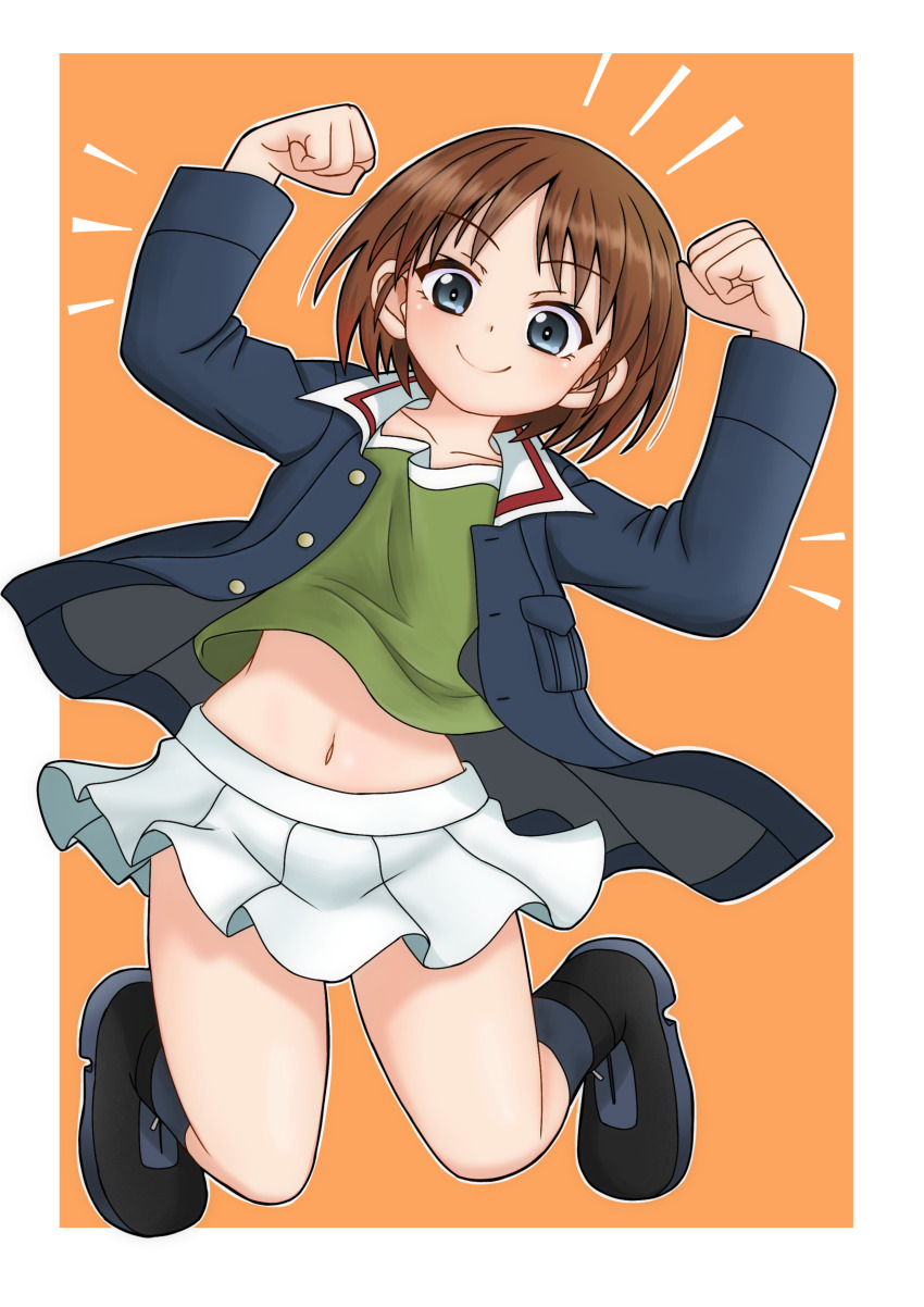 1girl absurdres amanone_yun black_boots black_socks blue_eyes blue_jacket boots brown_hair clenched_hands closed_mouth commentary flexing full_body girls_und_panzer green_undershirt highres jacket jumping legs_up like_and_redraw_challenge long_sleeves looking_at_viewer midriff_peek military_uniform miniskirt navel notice_lines ooarai_military_uniform orange_background pleated_skirt sakaguchi_karina short_hair skirt smile socks solo undershirt white_skirt