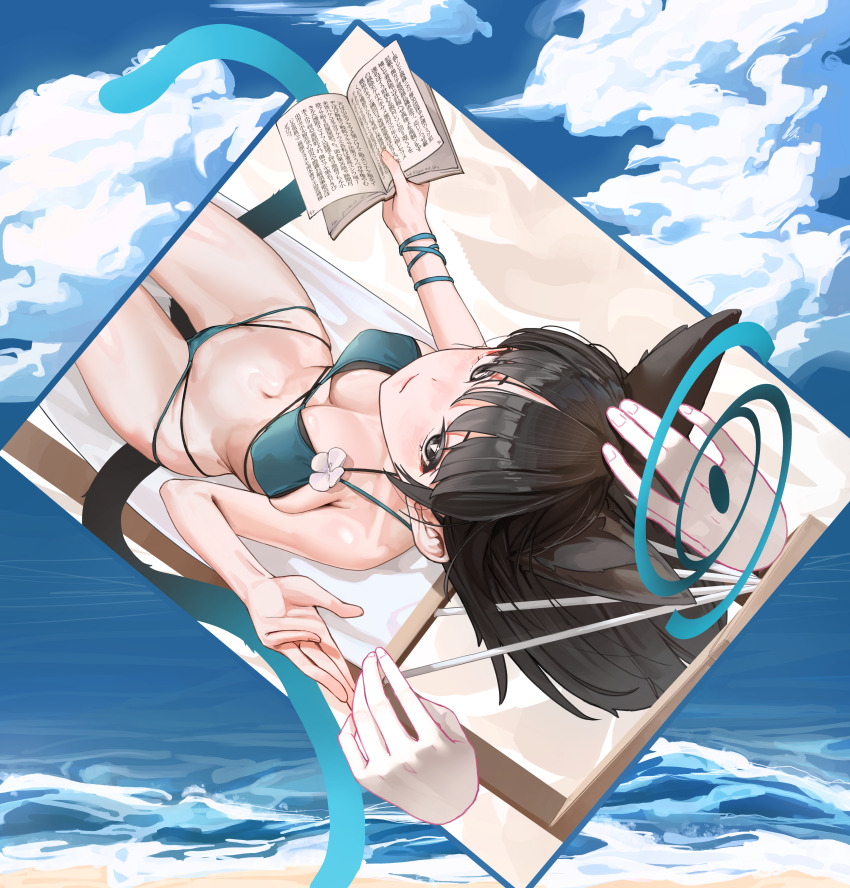 1boy 1girl absurdres animal_ears bakeneko bikini black_choker black_eyes black_nails black_tail blue_archive blue_bikini blue_halo blue_haori blue_tail blush breasts cape cat_ears cat_girl cat_tail choker criss-cross_straps fingernails from_above halo haori headpat highres japanese_clothes kikyou_(blue_archive) kikyou_(swimsuit)_(blue_archive) layered_bikini looking_at_viewer multi-strapped_bikini_bottom multiple_tails nail_polish navel official_alternate_costume side-tie_bikini_bottom small_breasts swimsuit tagua tail two_tails white_cape