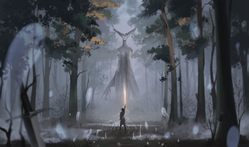 1girl abs arm_at_side arm_up artist_logo black_pantyhose black_shoes blood blood_on_arm blood_on_hands blurry blurry_background braid braided_ponytail cattail claws coat commentary english_commentary facing_away floating_hair fog ghost giant giant_monster glowing glowing_sword glowing_weapon grass grey_coat grey_sky gthlart holding holding_sword holding_weapon light_particles logo monster original outdoors pantyhose plant planted planted_sword planted_weapon pond scenery sharp_teeth shoes sky solo sword teeth water weapon wetland winged_arms wings