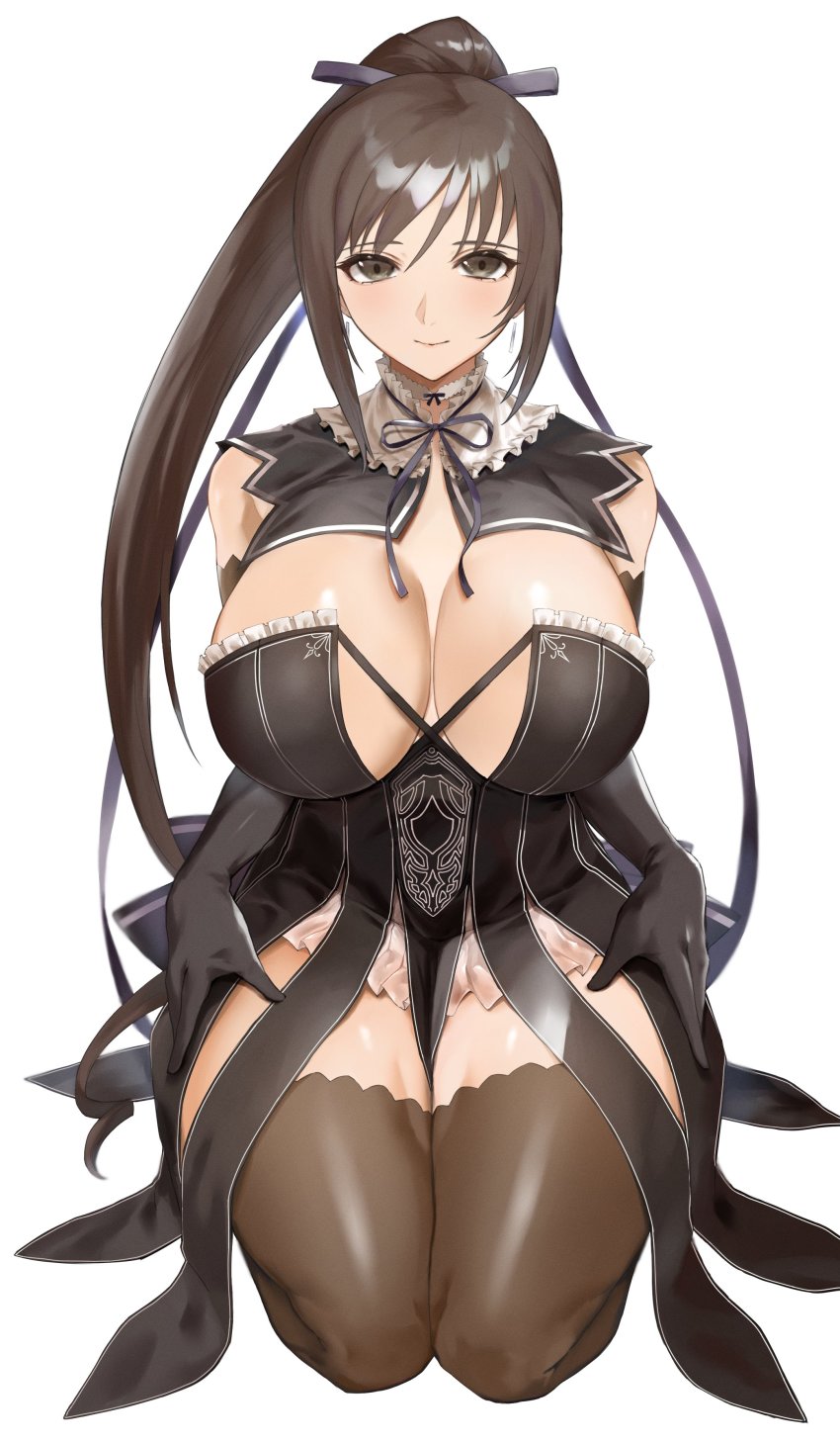 1girl absurdres black_hair bow bowtie breasts brown_eyes brown_hair cleavage detached_collar dress earrings elbow_gloves frills gloves hair_ribbon highres huge_breasts jewelry kataku_musou long_hair looking_at_viewer maxima_sakuya_enfield ponytail ribbon shining_(series) smile solo thick_thighs thighhighs thighs white_background zettai_ryouiki