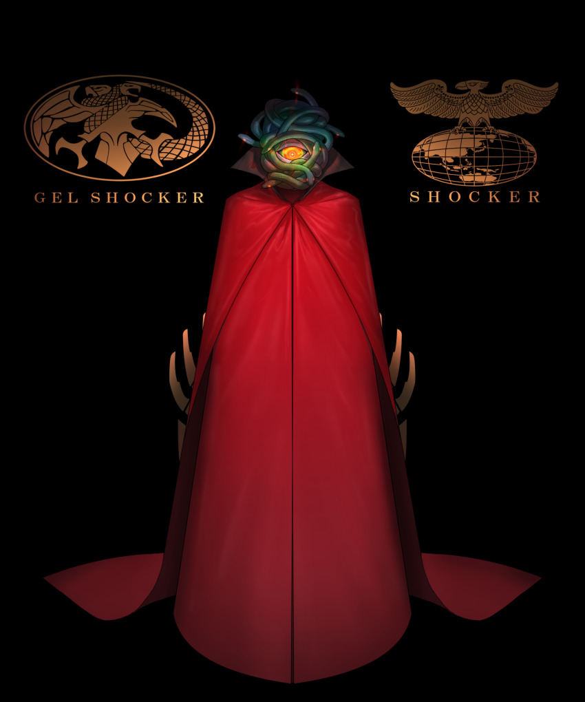 1girl black_background colored_sclera commentary cyclops eidenjyou1997 english_commentary genderswap genderswap_(mtf) glowing glowing_eye green_sclera high_collar highres kamen_rider kamen_rider_(1st_series) logo one-eyed orange_eyes red_robe robe shocker_(kamen_rider) shocker_leader simple_background snake_hair solo
