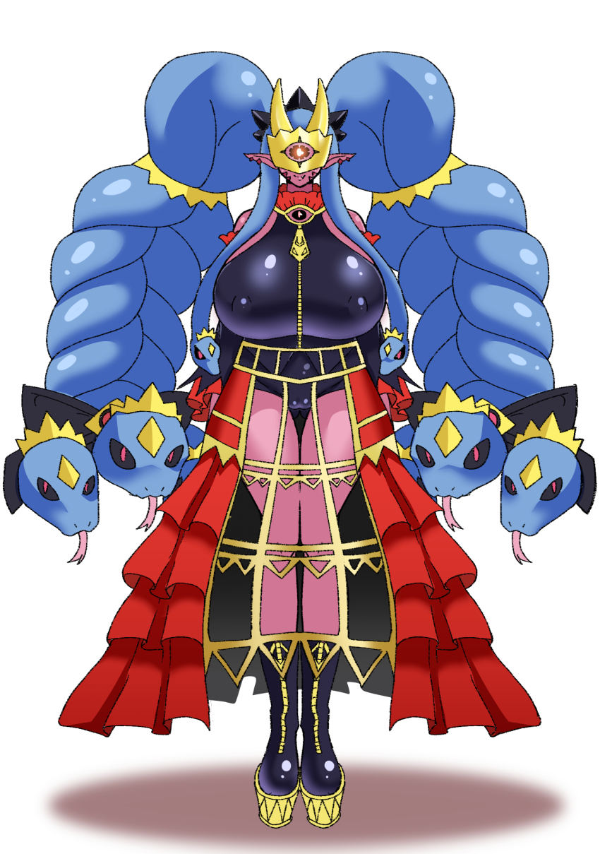 black_eyes breasts colored_skin crown digimon digimon_(creature) heppoko_death highres looking_at_viewer mask medusamon red_eyes red_skin ribbon shadow simple_background snake snake_hair tongue tongue_out white_background
