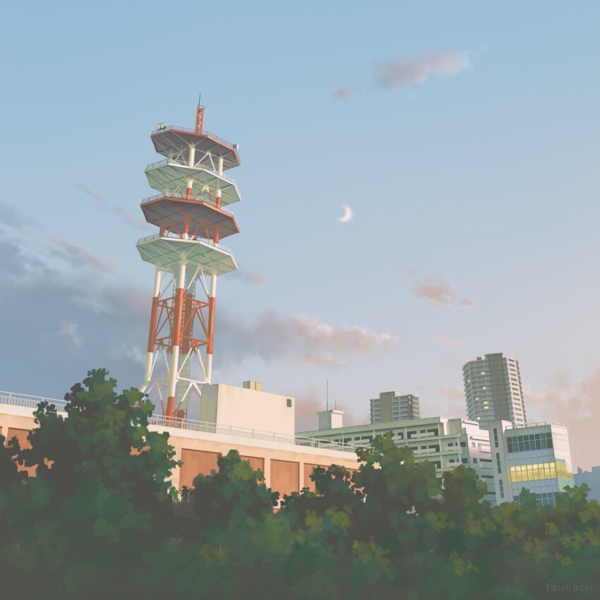 blue_sky building cloud commentary_request crescent_moon highres moon no_humans original outdoors railing scenery sky tounami tower tree