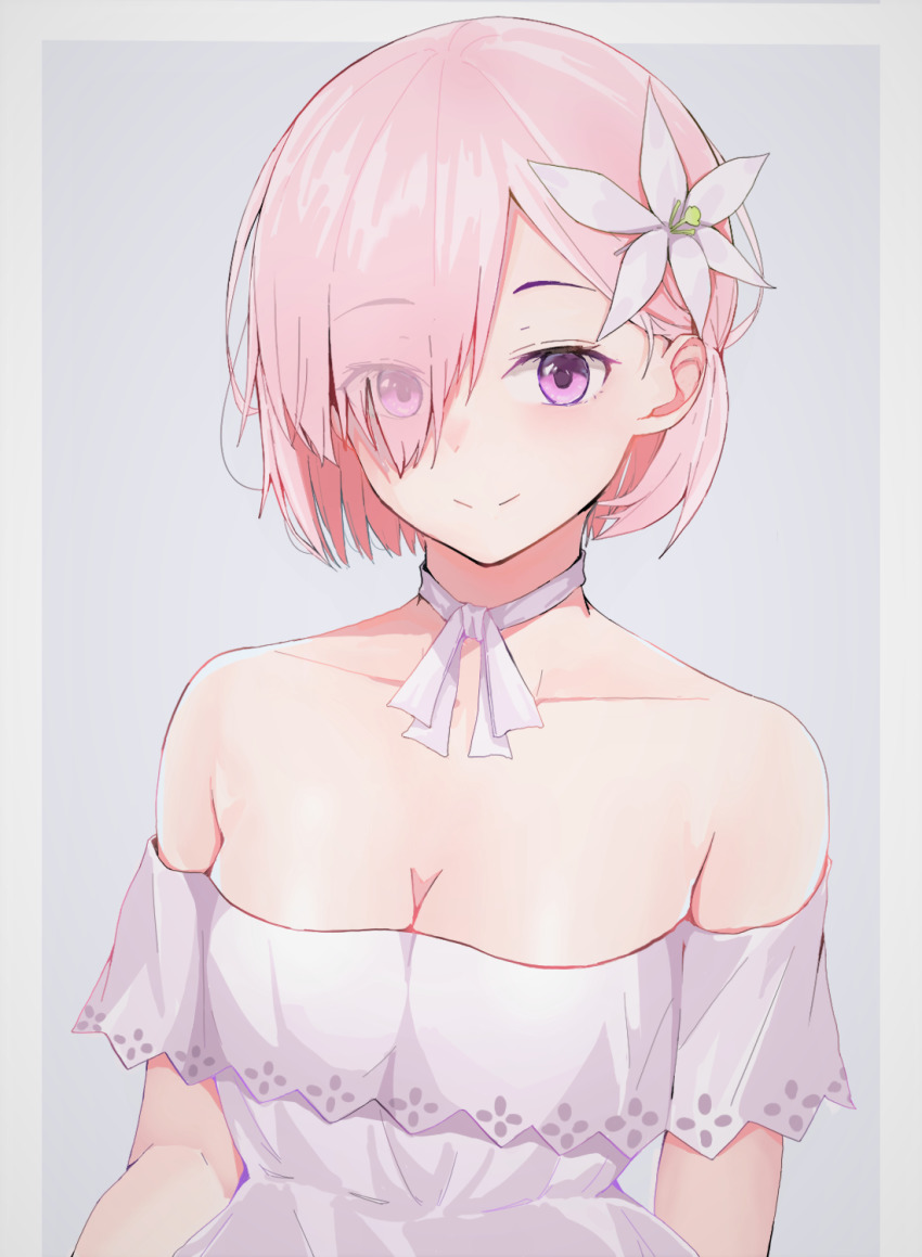 1girl bow bowtie breasts cleavage collarbone dress eyes_visible_through_hair fate/grand_order fate_(series) flower hair_flower hair_ornament hair_over_one_eye highres looking_at_viewer mash_kyrielight mash_kyrielight_(formal_dress) medium_breasts off-shoulder_dress off_shoulder official_alternate_costume pink_hair purple_eyes short_hair simple_background solo upper_body viewran white_flower