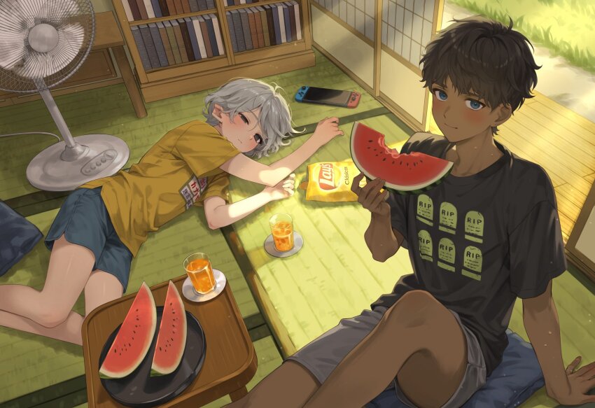 2boys architecture bags_under_eyes black_eyes black_hair blue_eyes blush bookshelf chips_(food) cup curly_hair cushion dark-skinned_male dark_skin dungeon_meshi east_asian_architecture eating electric_fan elf food fruit grey_hair highres holding holding_food holding_fruit holding_watermelon indoors kabru lazy_eye looking_at_viewer lying male_focus mayomayoland mithrun multiple_boys nintendo_switch notched_ear on_floor on_side plate pointy_ears potato_chips print_shirt shirt short_hair shorts sliding_doors summer t-shirt tatami tea uneven_eyes watermelon watermelon_slice