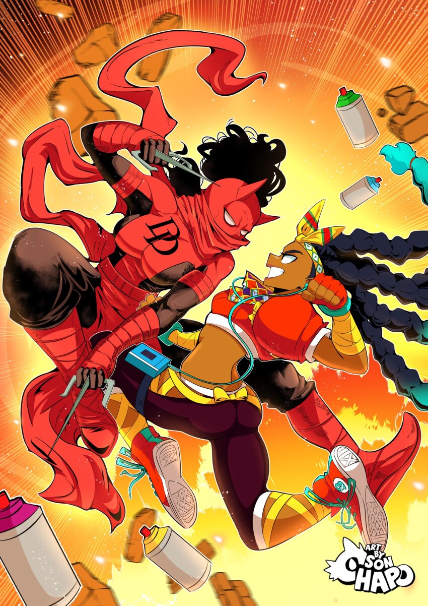 2girls arm_wrap black_hair bow_hairband covered_mouth daredevil dark-skinned_female dark_skin debris earbuds earphones elektra_natchios explosion fighting fingerless_gloves gloves hairband highres kimberly_jackson marvel midriff_peek multiple_girls ninja non-web_source quad_braids red_footwear red_gloves red_scarf sai_(weapon) scarf sonchapo spray_can street_fighter street_fighter_6 walkman weapon yellow_hairband yellow_scarf