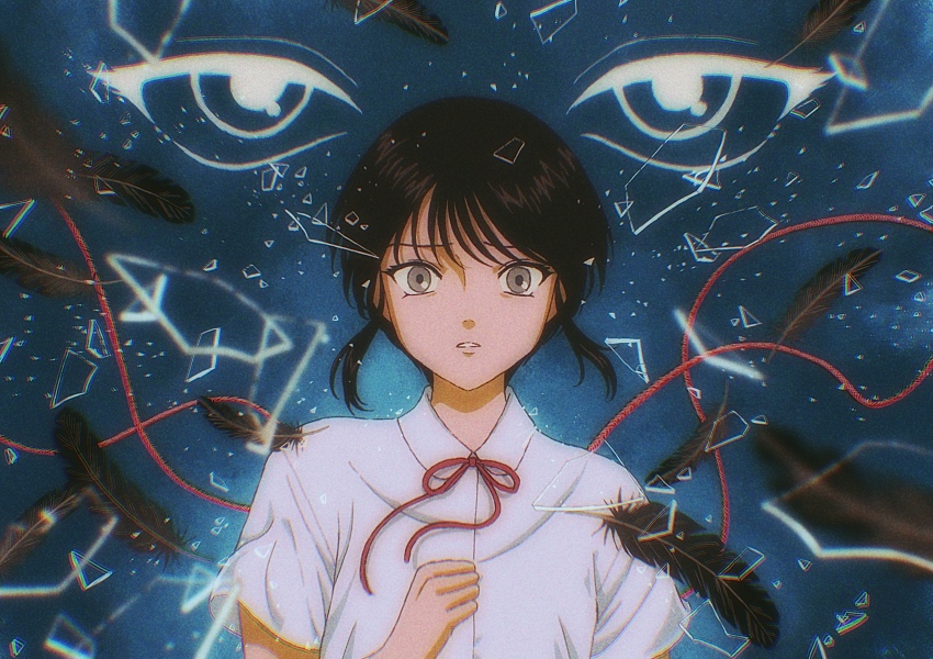 1girl anime_coloring black_hair collared_shirt commentary_request edaori feathers glass_shards grey_eyes highres looking_at_viewer neck_ribbon original ribbon school_uniform shirt short_hair string string_of_fate