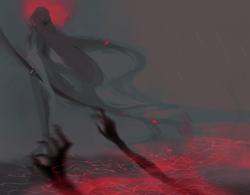 1girl acheron_(honkai:_star_rail) chinese_commentary extra_arms feng282166 from_behind grey_sky hair_ornament highres holding holding_weapon honkai:_star_rail honkai_(series) katana long_hair long_sleeves moon outdoors rain red_moon sky smoke smoke_trail solo standing sword weapon wide_sleeves