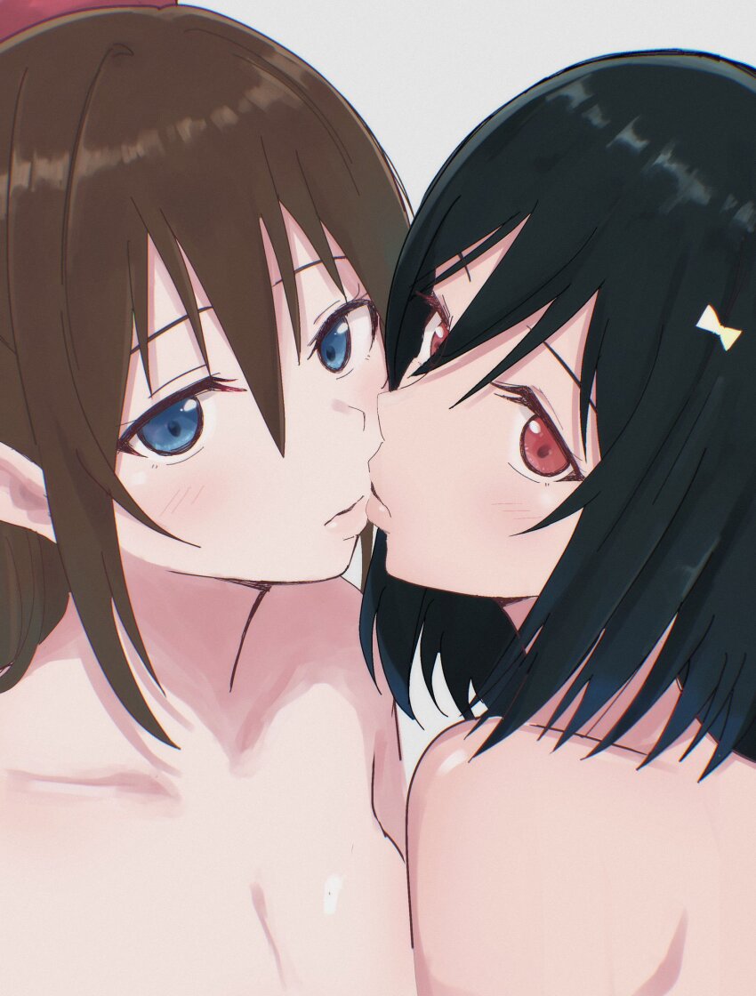 2girls black_hair blue_eyes blush bow breasts brown_hair collarbone hair_bow highres kiss lips long_hair looking_at_viewer love_live! love_live!_nijigasaki_high_school_idol_club mifune_shioriko multiple_girls nude osaka_shizuku portrait red_bow red_eyes short_hair wewe white_background yuri
