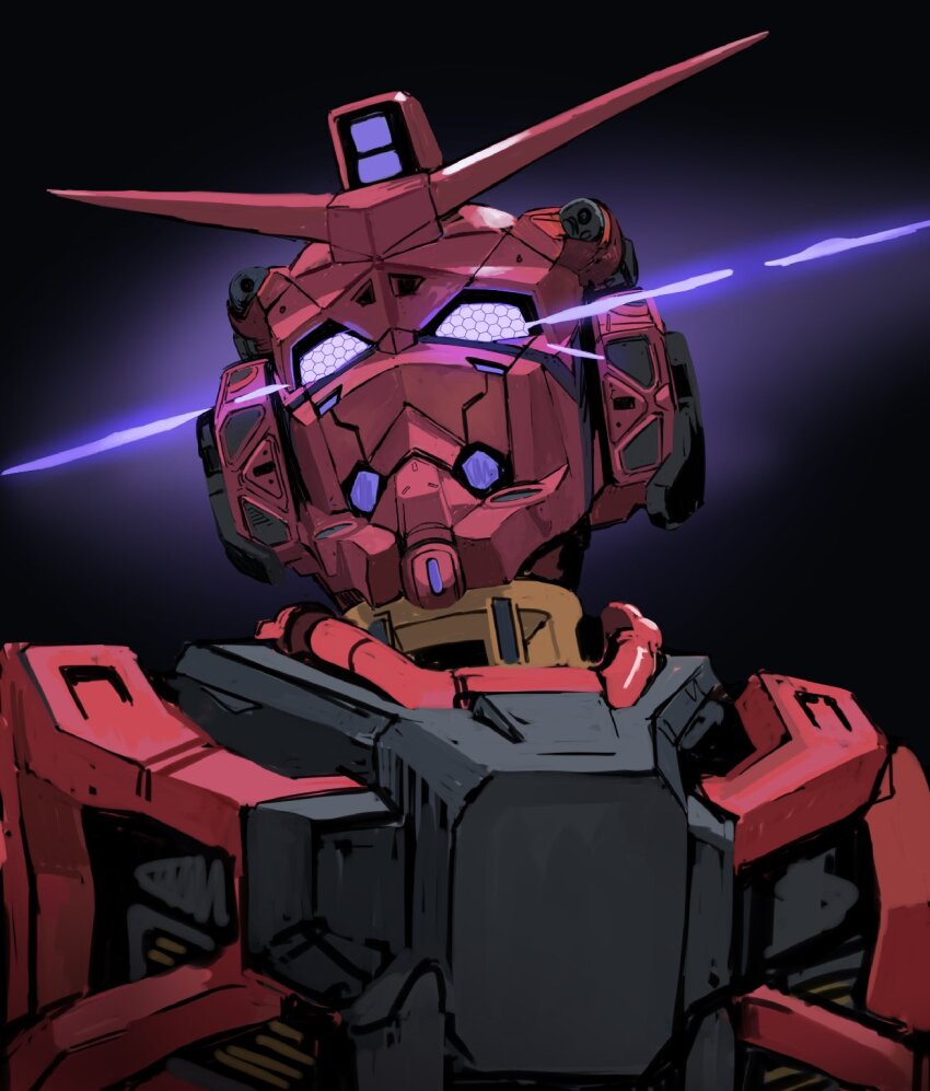 glowing glowing_eyes gundam gundam_gquuuuuux highres looking_at_viewer mecha mecha_focus mikan_lemon mobile_suit no_humans purple_eyes red_gundam robot science_fiction v-fin zooming_in
