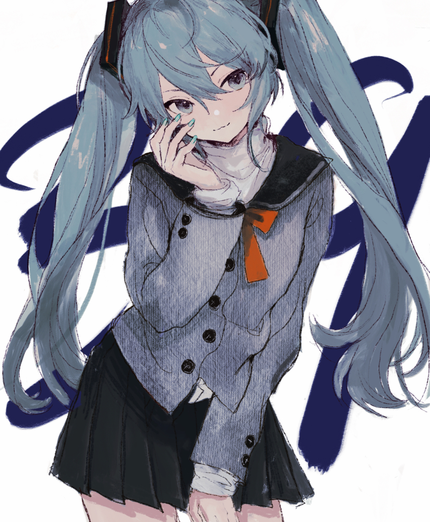 1girl 39 aqua_eyes aqua_hair black_sailor_collar black_skirt blue_eyes blue_hair blue_nails bow cardigan grey_cardigan hair_between_eyes hair_ornament hand_on_own_cheek hand_on_own_face hatsune_miku highres layao long_hair looking_to_the_side miku_day pleated_skirt red_bow sailor_collar school_uniform simple_background skirt smile solo sweater turtleneck turtleneck_sweater twintails very_long_hair vocaloid white_sweater