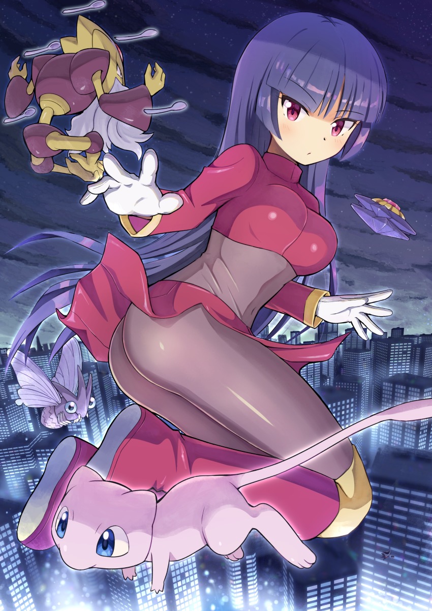 1girl absurdres alakazam ass bodysuit boots city clothes_lift flying gen_1_pokemon gloves gym_leader haunter highres legendary_pokemon long_hair mega_alakazam mega_pokemon mew_(pokemon) mythical_pokemon navel night nintendo no_panties pokemoa pokemon pokemon_(creature) pokemon_rgby purple_hair red_eyes sabrina_(pokemon) skirt skirt_lift starmie venomoth white_gloves wind wind_lift