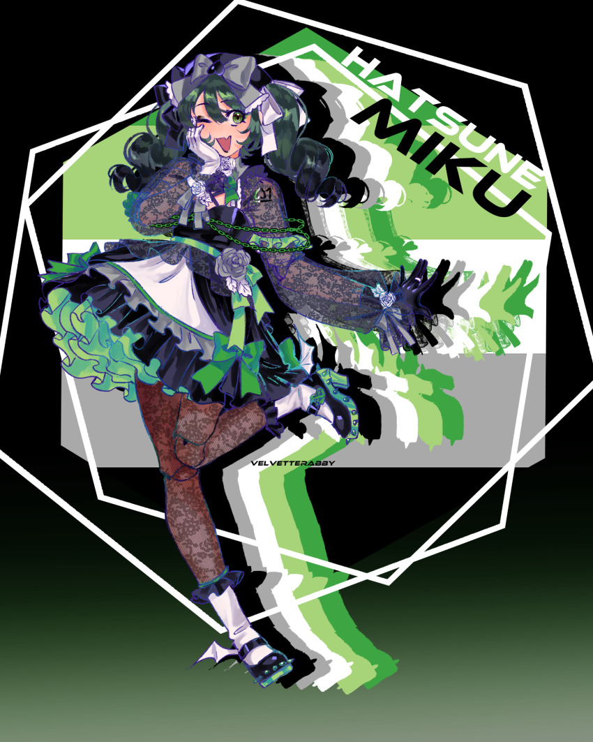 1girl ;d \||/ alternate_costume alternate_hair_length alternate_hairstyle ankle_socks aromantic_flag artist_name asymmetrical_gloves black_dress black_gloves black_hair black_shoes block_heels bow brooch center-flap_bangs chain character_name colored_shoe_soles commentary criss-cross_halter doll_joints double-parted_bangs dress dress_bow dress_flower drill_hair english_commentary fang fishnet_pantyhose fishnet_sleeves fishnets flag_background flat_chest flower flower_brooch frilled_bow frilled_socks frills full_body gloves gradient_hair green_bow green_eyes green_hair grey_bow grey_flower grey_rose hair_bow halterneck hand_on_own_cheek hand_on_own_face hatsune_miku high_heels highres jewelry joints lace lace-trimmed_dress lace_pantyhose lace_sleeves lace_trim lgbt_pride long_hair long_sleeves looking_at_viewer medium_dress mismatched_gloves multicolored_hair no_nose number_tattoo one_eye_closed open_mouth pantyhose petticoat platform_heels pride_month puffy_long_sleeves puffy_sleeves rose see-through_clothes see-through_sleeves shoes shoulder_tattoo sideways_glance skin_fang smile socks solo spiked_shoes spikes standing standing_on_one_leg tattoo twin_drills two-tone_hair velvetterabby vocaloid white_bow white_flower white_gloves white_rose white_socks
