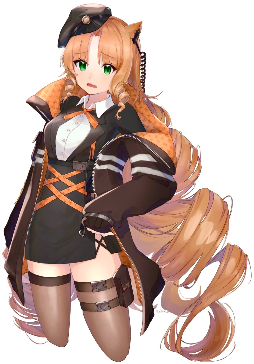 1girl animal_ears arknights black_hat black_skirt brown_coat brown_hair brown_thighhighs buttons coat collared_shirt commentary cropped_legs green_eyes hair_intakes hat high-waist_skirt highres long_hair looking_at_viewer o_eeee_o off_shoulder open_mouth parted_bangs pouch shirt simple_background skirt sleeves_past_wrists solo standing strap swire_(arknights) thigh_pouch thighhighs very_long_hair white_background white_shirt