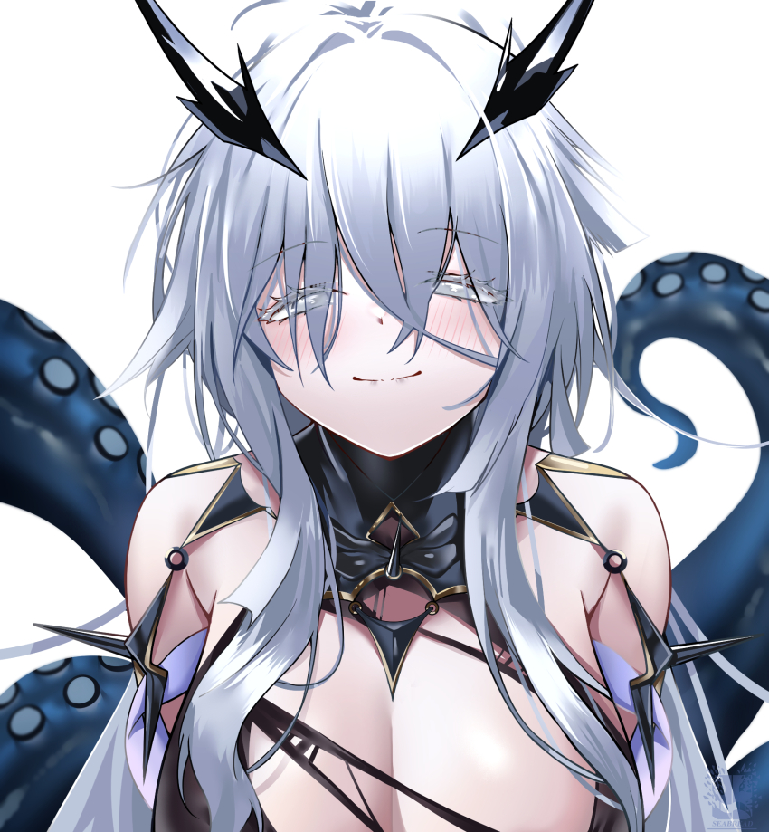 1girl azur_lane bare_shoulders breasts cleavage closed_mouth colored_eyelashes fancy_(azur_lane) grey_eyes hair_between_eyes highres large_breasts light_blush long_hair looking_at_viewer messy_hair seabread simple_background smile solo suction_cups tentacles upper_body white_background white_hair