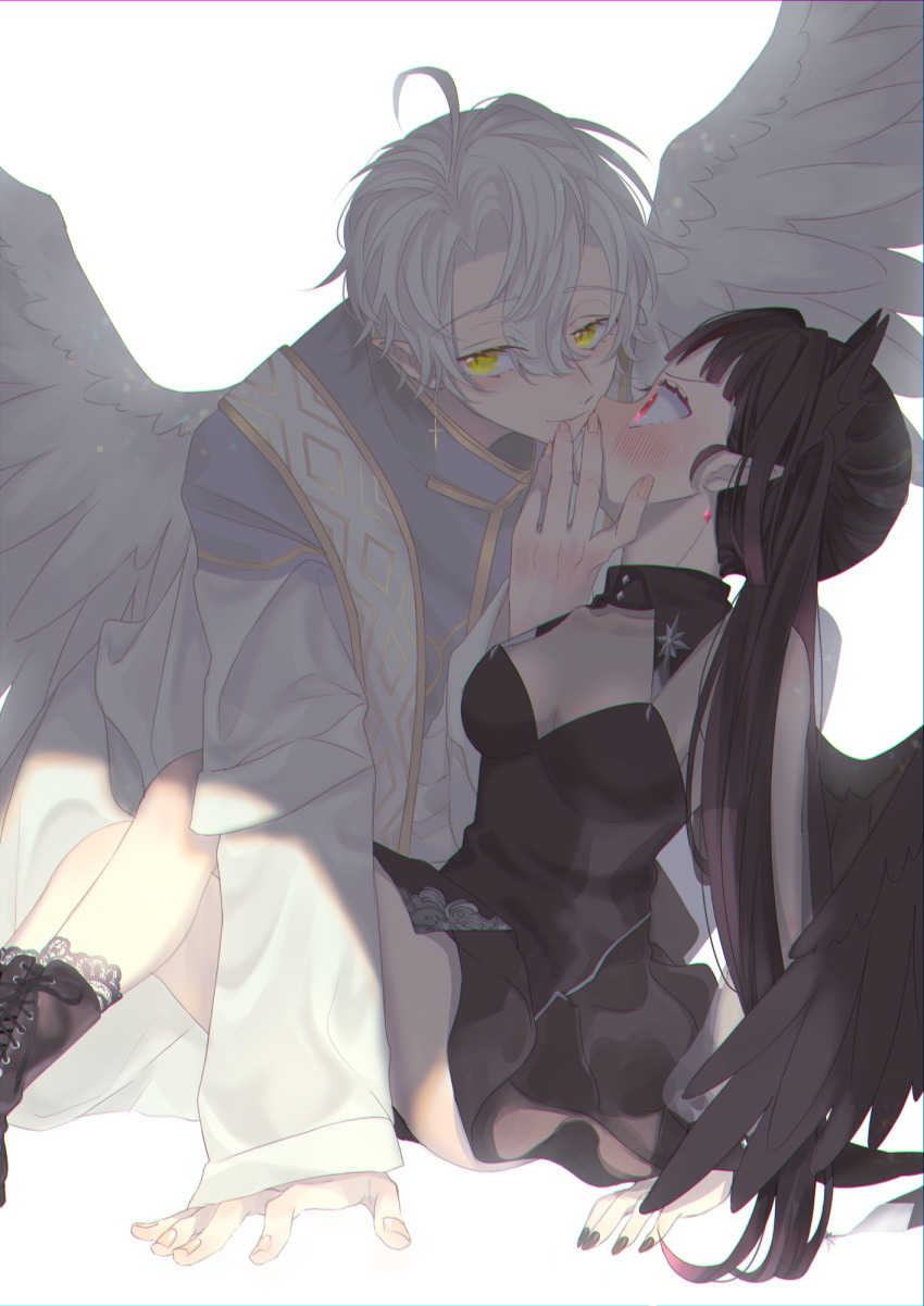 1boy 1girl angel angel_and_devil angel_wings black_dress black_hair black_nails black_wings blush boots closed_mouth demon_girl dress earrings feathered_wings green_eyes hand_on_another&#039;s_head hetero high_heel_boots high_heels highres jewelry long_hair looking_at_another looking_at_viewer original parted_bangs parted_lips pointy_ears purimo_(xxxmofmof) red_eyes robe see-through_clothes see-through_sleeves short_hair sitting slit_pupils sweat very_long_hair white_hair white_robe white_wings wings yellow_nails
