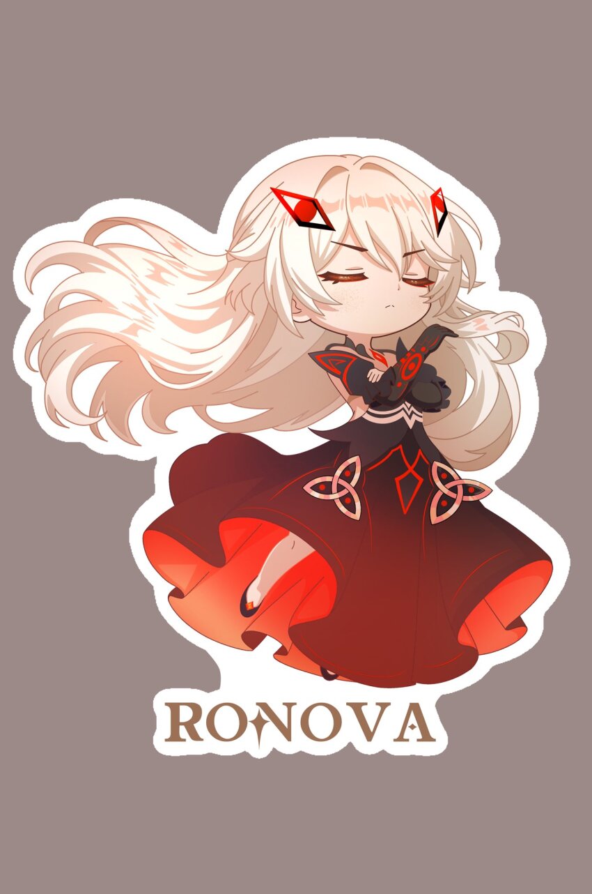 1girl character_name chibi closed_eyes commentary crossed_arms english_commentary english_text eye_hair_ornament eye_symbol full_body genshin_impact hair_between_eyes hair_ornament highres long_hair outline pearlgodaymen ronova_(genshin_impact) simple_background very_long_hair white_hair white_outline