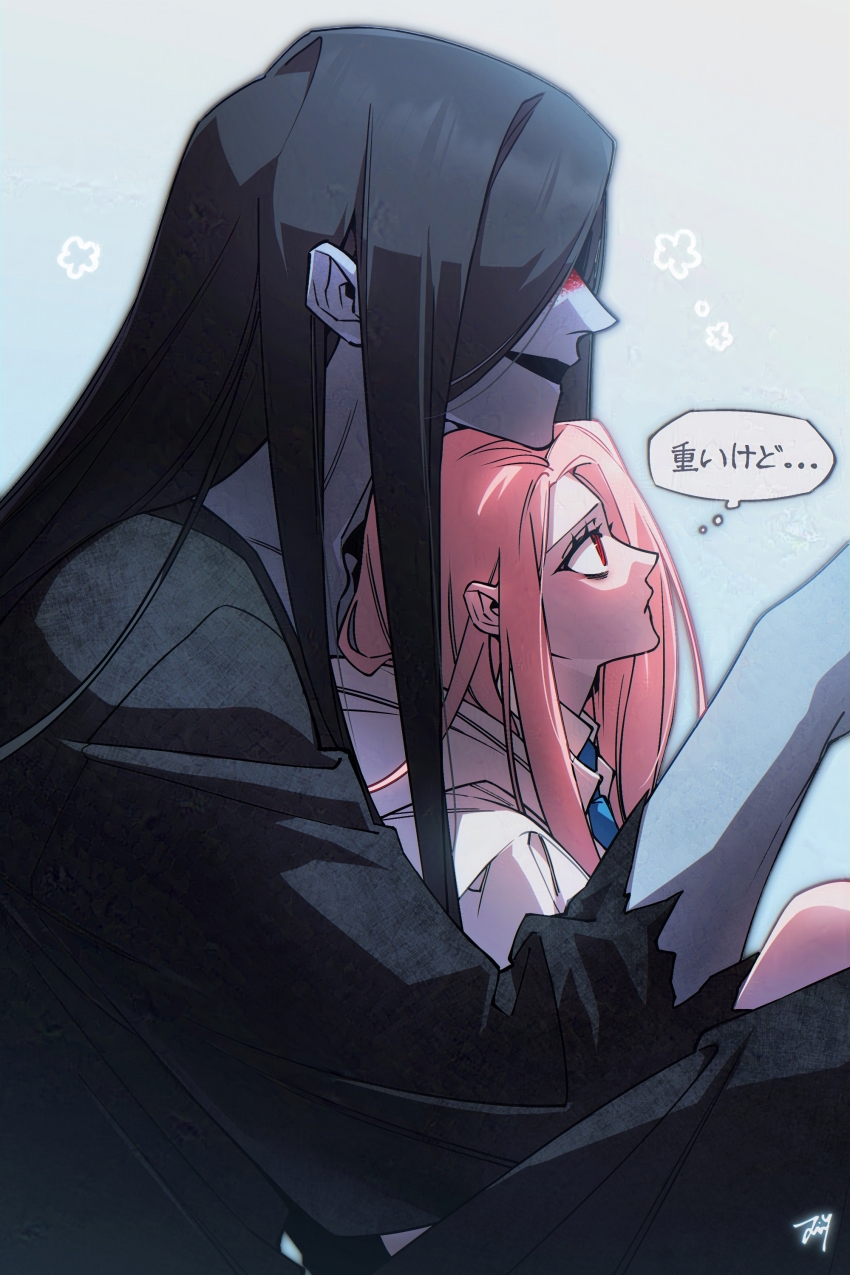 1boy 1girl absurdres bbabbamis2 black_hair black_kimono blood blood_on_face blue_background chin_rest commentary_request gradient_background head_on_head head_rest heroine_(homicipher) hetero highres homicipher japanese_clothes kimono korean_commentary long_hair mr._crawling pink_hair raincoat red_eyes sitting sitting_on_lap sitting_on_person speech_bubble thought_bubble translation_request