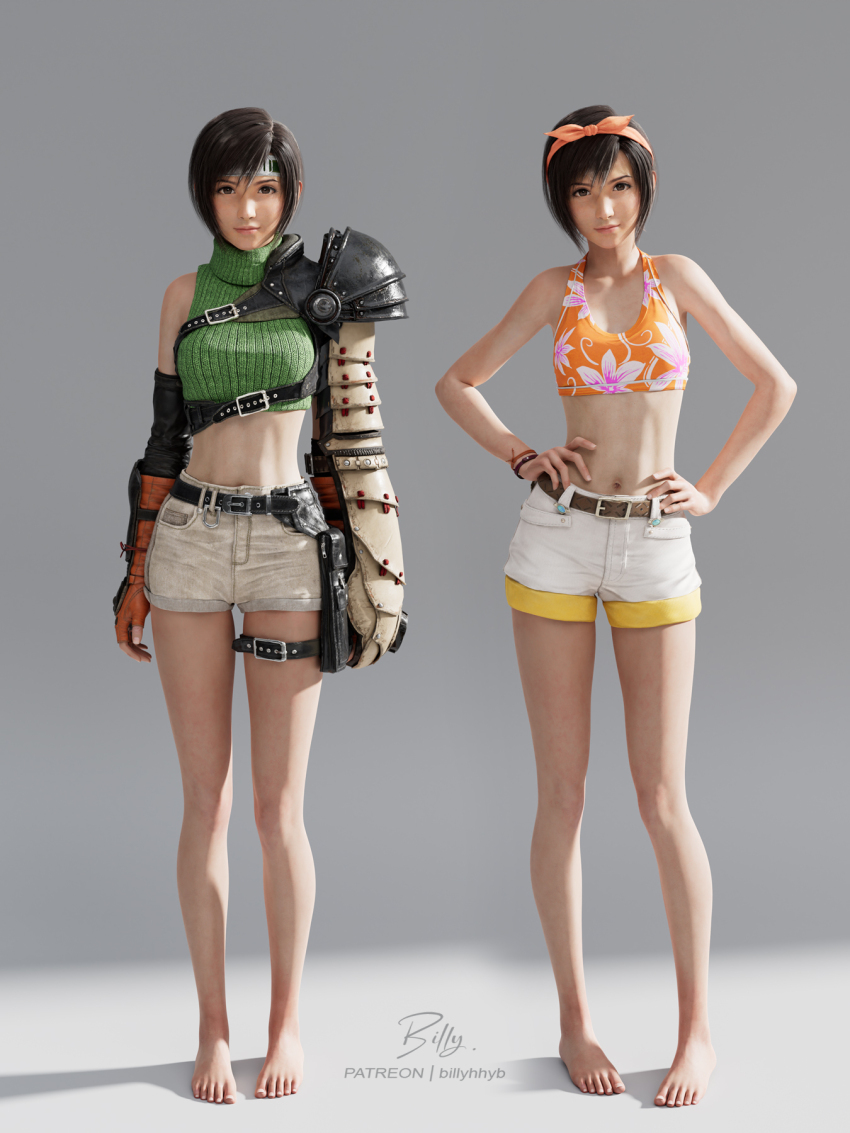 1girl 3d arm_armor armor artist_name bare_legs barefoot belt bikini billyhhyb black_hair bracelet breasts brown_belt brown_eyes crop_top feet final_fantasy final_fantasy_vii final_fantasy_vii_rebirth final_fantasy_vii_remake fingerless_gloves gloves green_sweater grey_background hairband hands_on_own_hips headband highres jewelry legs looking_at_viewer midriff multiple_views navel orange_bikini orange_hairband patreon_username shadow short_hair short_shorts shorts shoulder_armor simple_background sleeveless sleeveless_sweater small_breasts stomach sweater swimsuit thigh_strap toenails toes white_shorts yuffie_kisaragi